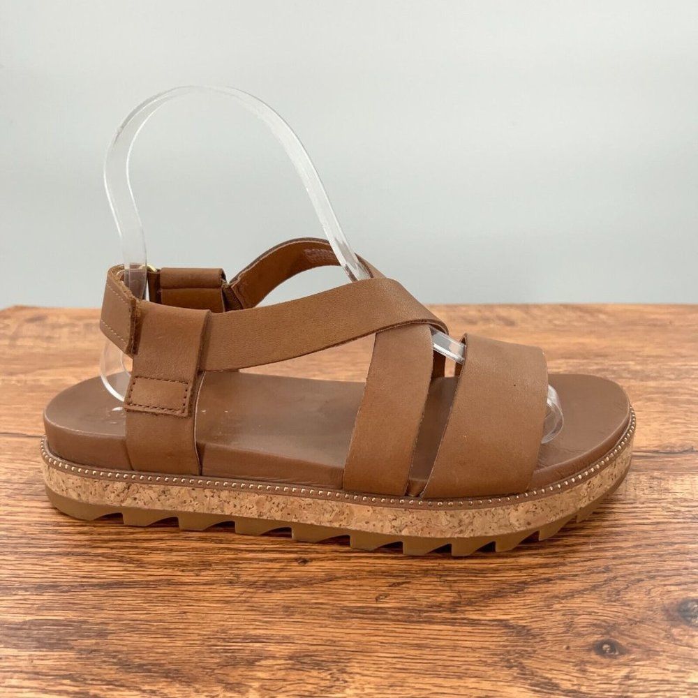 Sorel Roaming Sandals Womens 7 Leather Camel Brown Chucky Platform Cross Straps